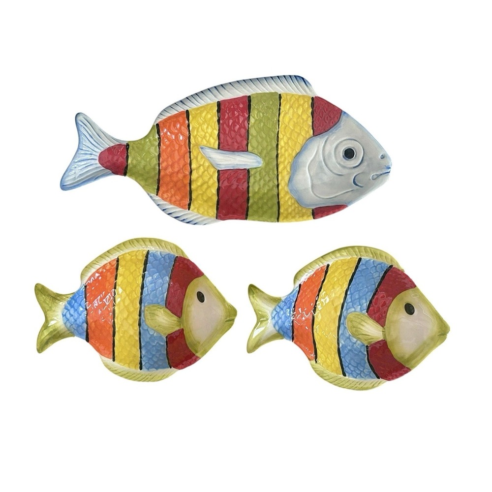 Pier 1 Imports Fish Plates‎ Dishes Colorful Figural Beach Coastal Summer Decor